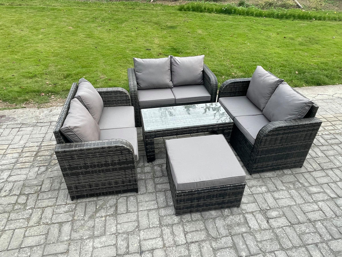 GARTENSOFA SET mit rechteckigem COUCHTISCH Polyrattan 7-Sitzer Dunkelgrau - Dunkelgrau/Grau, Glas/Kunststoff - Fimous