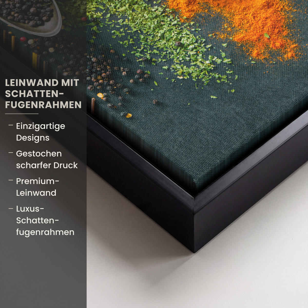 LEINWAND Bilder mit Rahmen - Kräuter - Gewürze - Löffel - 30x40 - Currygelb, Textil (30/40cm) - MuchoWow