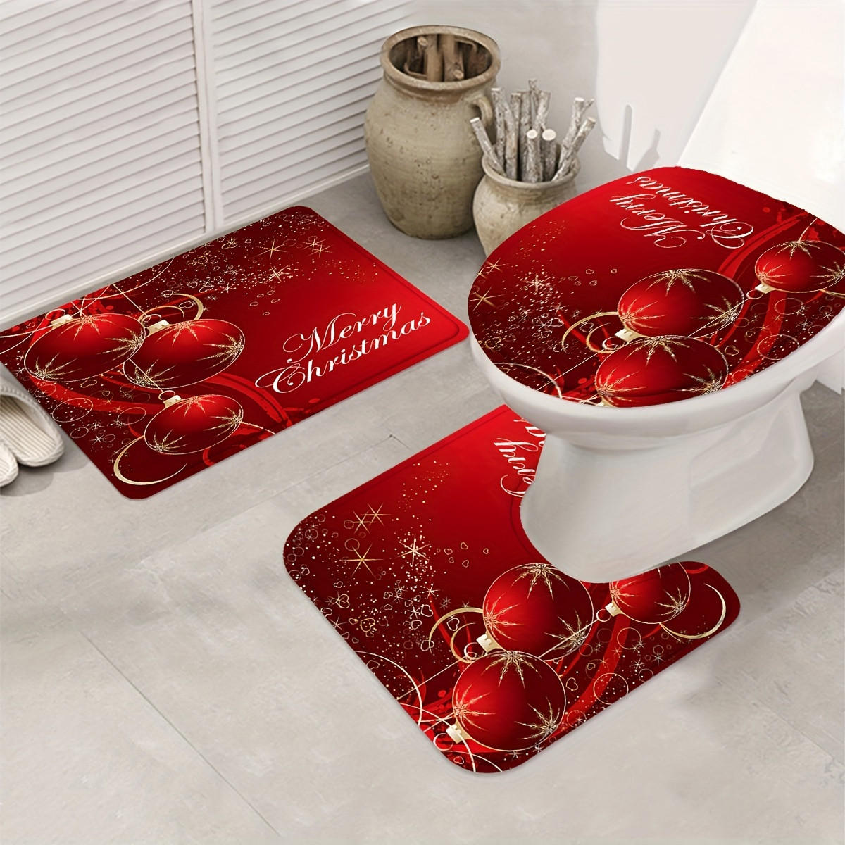 DUSCHVORHANG SET Luxus Weihnachten Duschvorhang Badematte Toilettenmatte - Rot, Textil (180/180cm) - MCBOSON