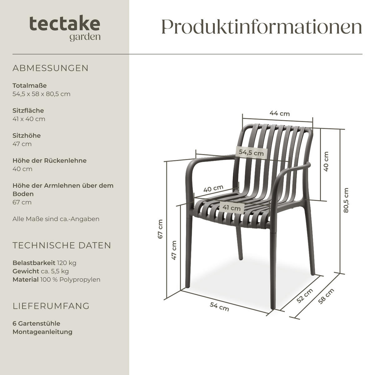 GARTENSTÜHLE Alcudia,54,5 x 58 x 80,5 cm, Belastbarkeit 120 kg, anthrazit - Anthrazit, Kunststoff/Textil (54.5/80.5/58cm) - tectake
