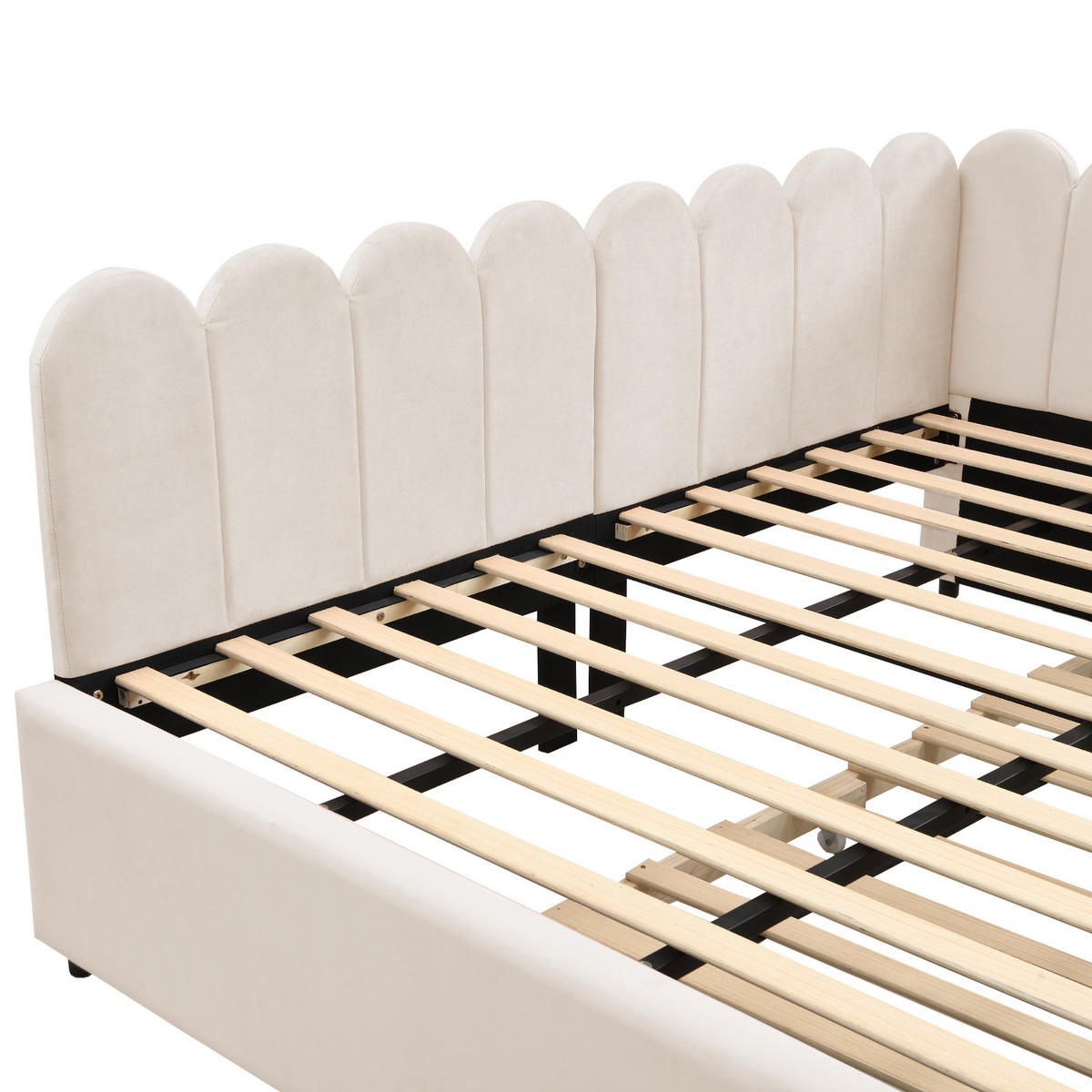 POLSTERBETT 140/200 mit Ausziehbett, L-Form und blütenförmiger Rückenlehne aus Samt in Beige - Beige, Holzwerkstoff/Textil (140/200cm) - EVRYAE