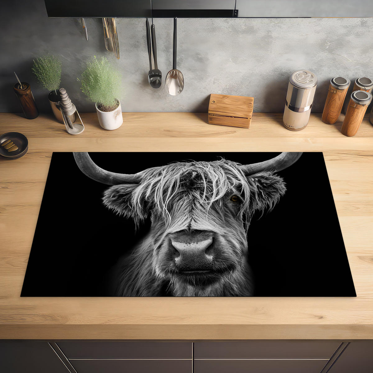 HERDABDECKPLATTE Schottischer Highlander - Hörner - Schwarz - Weiß - Kuh - Wild - Tiere Ceranfeldabdeckung 85x52 cm - Schwarz, Kunststoff (85/52/0.2cm) - MuchoWow