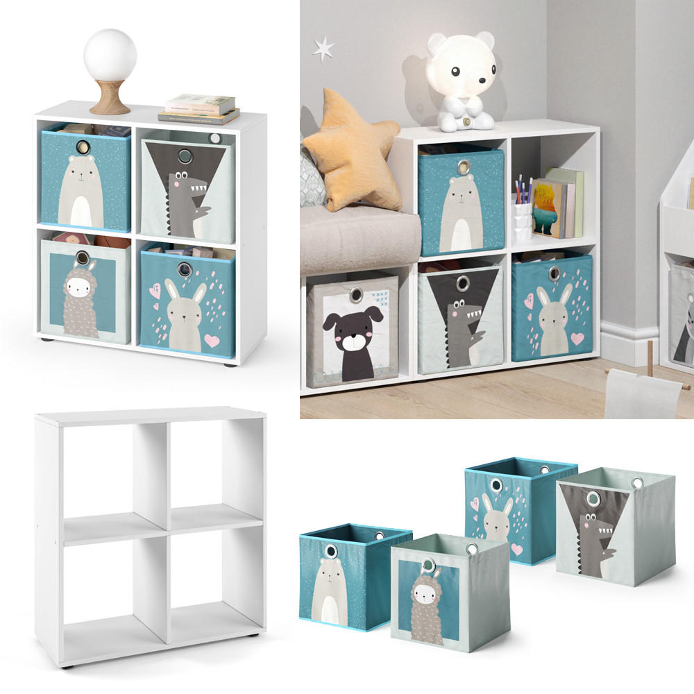 KINDERREGAL Tetra Weiß 72.6 x 72 cm mit 4 Faltboxen (grau/blau) - Weiß, Holzwerkstoff (72.6/72/29cm) - Vicco
