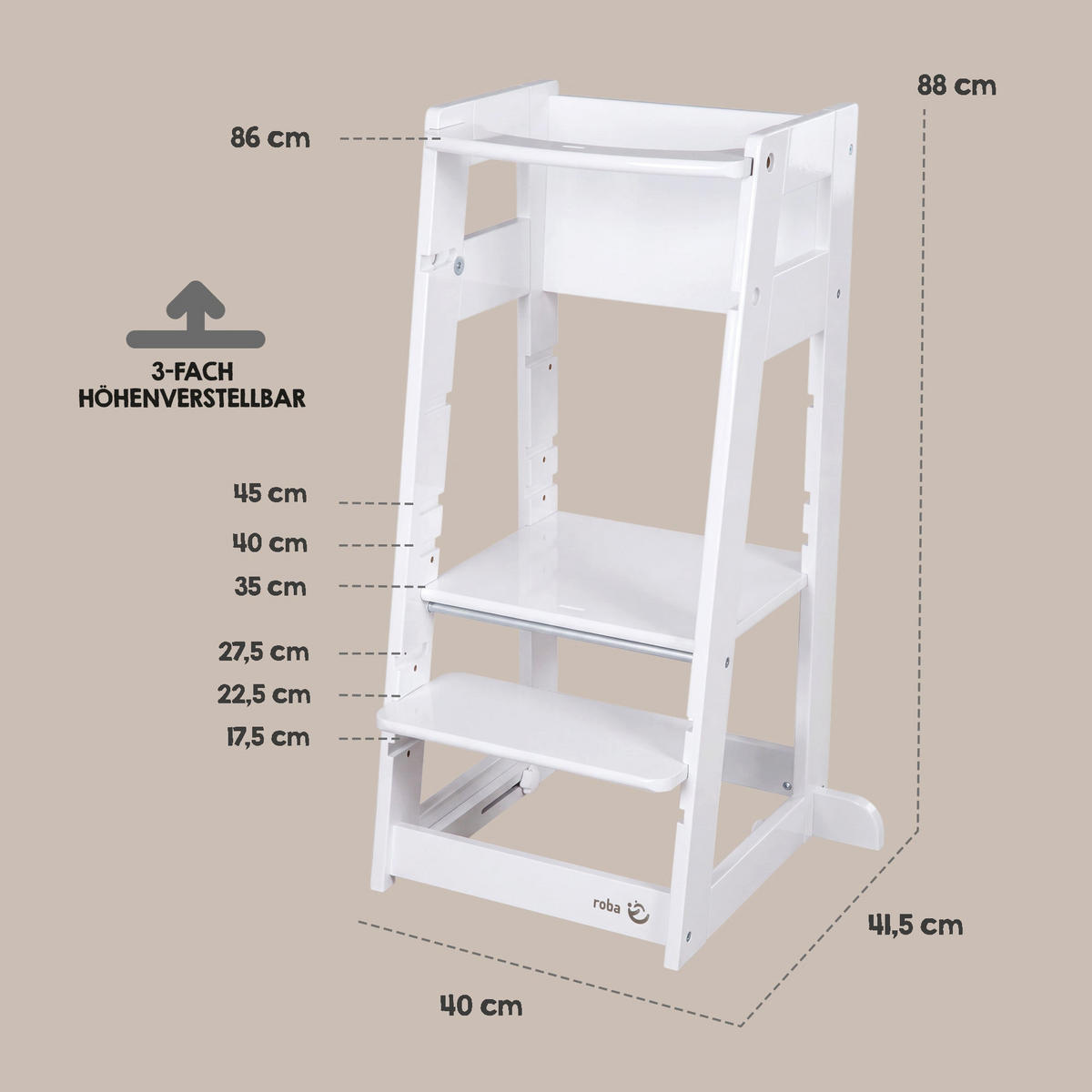 LERNTURM Sit & Step 2in1 - Weiß, Holzwerkstoff/Metall (53.5/88/51.5cm) - Roba