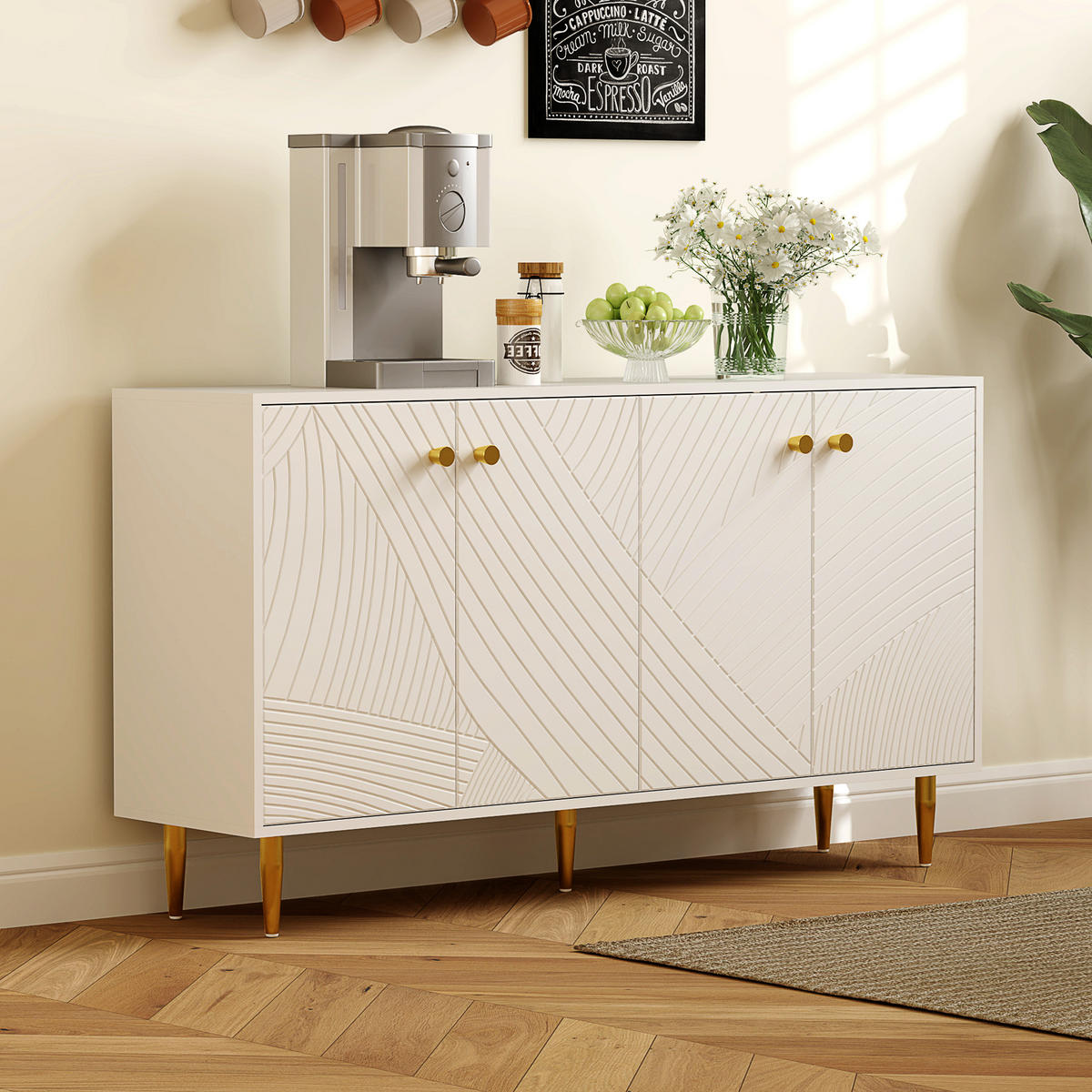 SIDEBOARD DE-11145 Mit verstellbaren Böden & Goldakzenten Weiß - Weiß, Holzwerkstoff (140/77.5/35cm) - ComfortXL