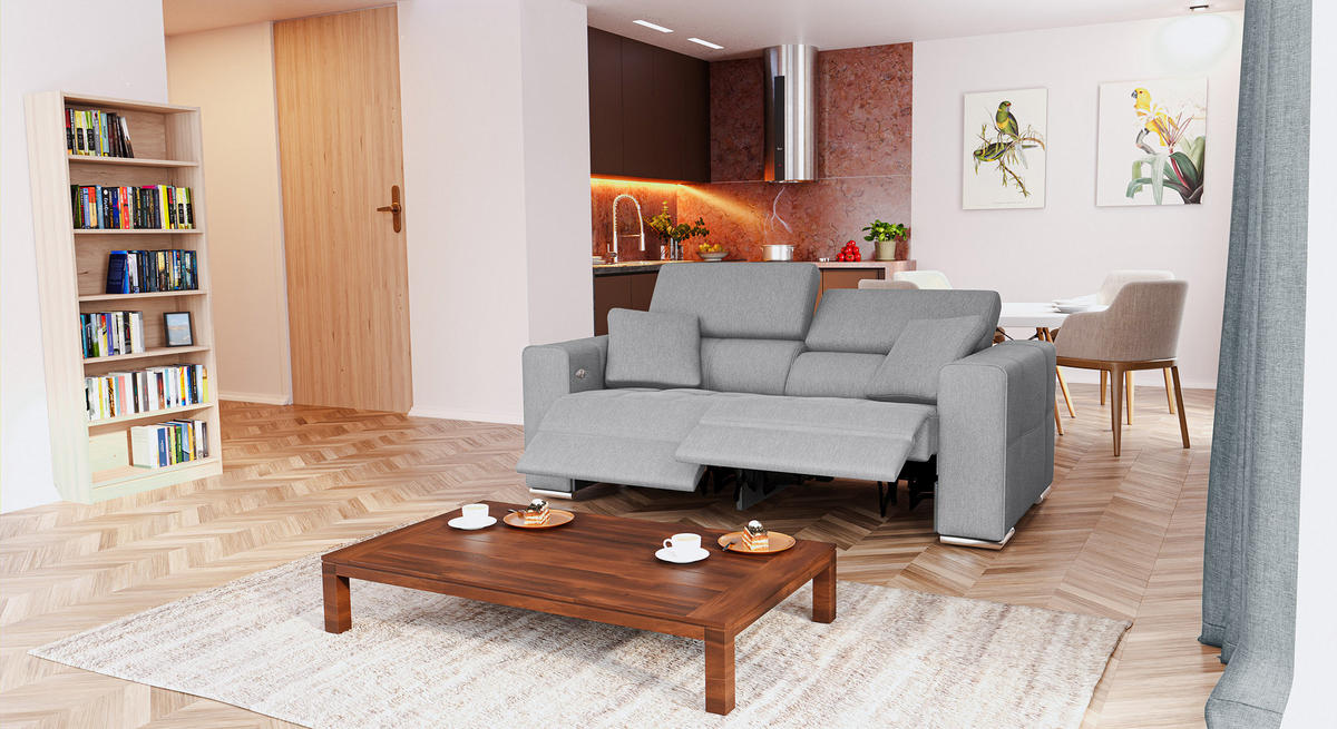 SOFA QUARTZ 3-Sitzer mit 2 Relaxfunktionen, hellgrau - Silberfarben/Hellgrau, Holzwerkstoff/Textil (204/80/102cm) - Courtois Laville