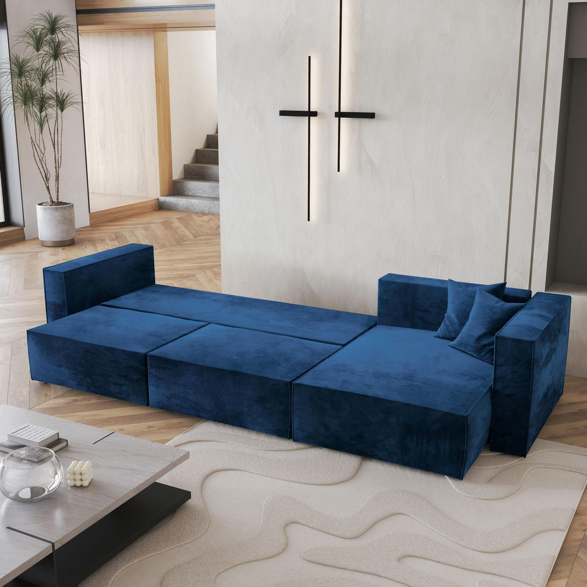ECKSOFA TOLMO M Blau Velours-Stoff mit Schlaffunktion - Blau, Holz (347/148cm) - MASSENO