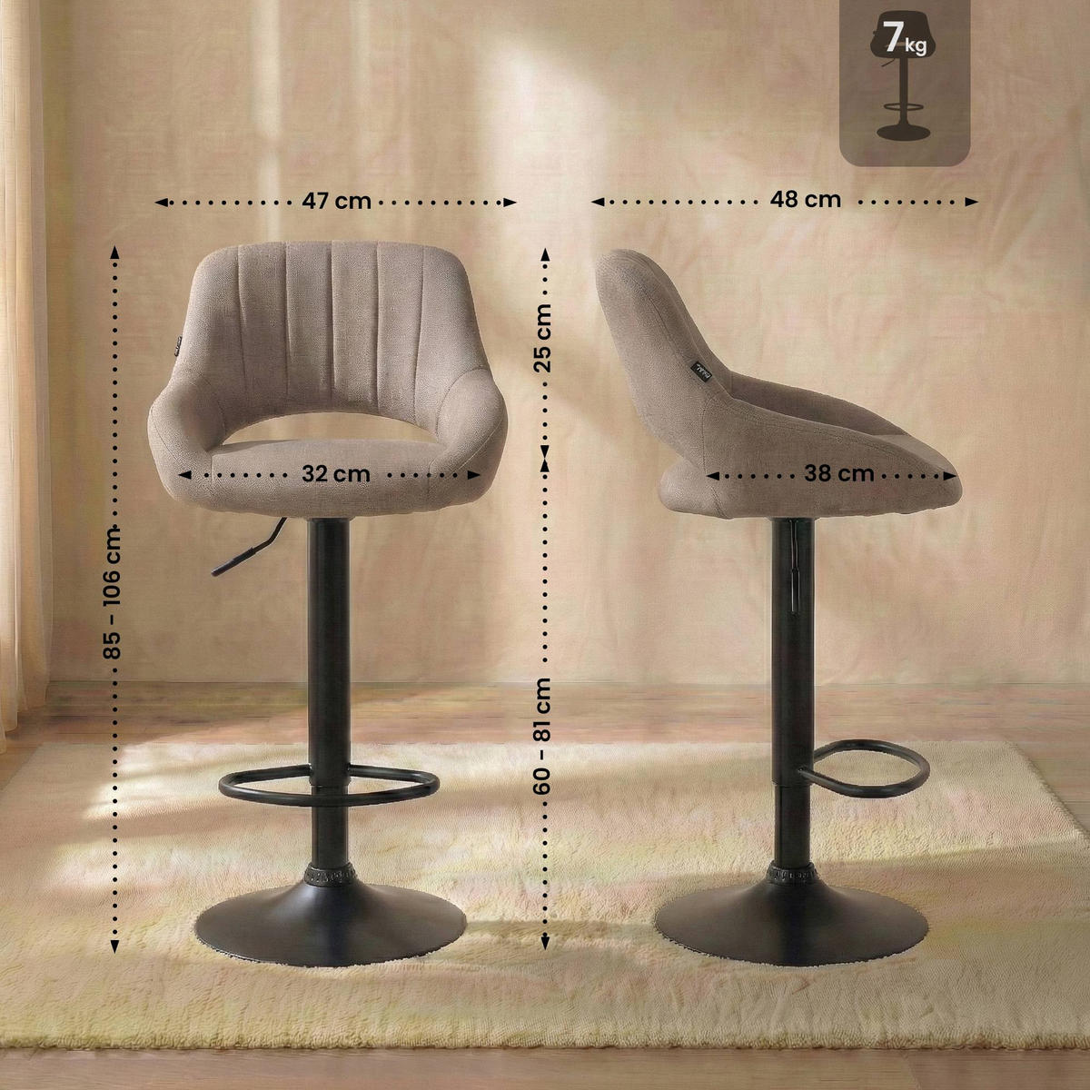 BARHOCKER Stoff Taupe - Taupe/Schwarz, Textil/Metall (47/85/48cm) - CLP