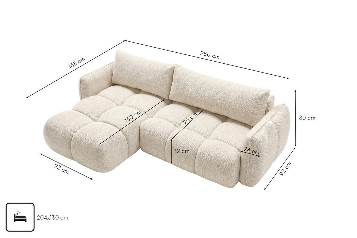 ROHOVÁ SEDAČKA ve tvaru L s funkcí spaní, žinylková tkanina Puente, Ecru, Levá strana, BELVEDER L - ecru, dřevo (250/168cm) - Kaiser Möbel