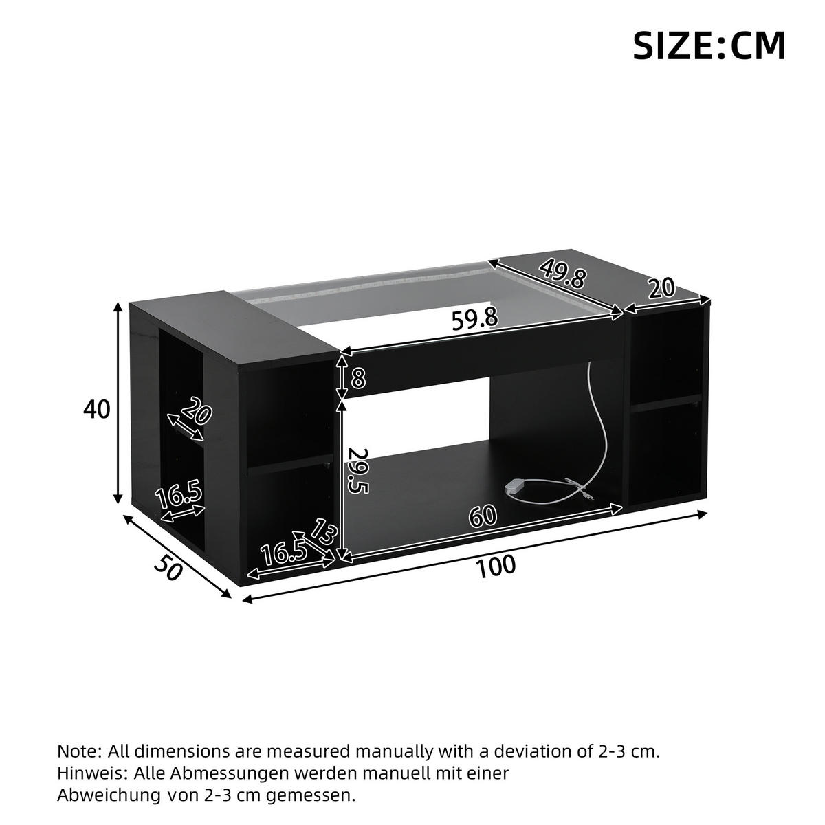 COUCHTISCH DE-070 LED-Glas Schwarz - Schwarz, Holzwerkstoff (50/100/40cm) - ComfortXL