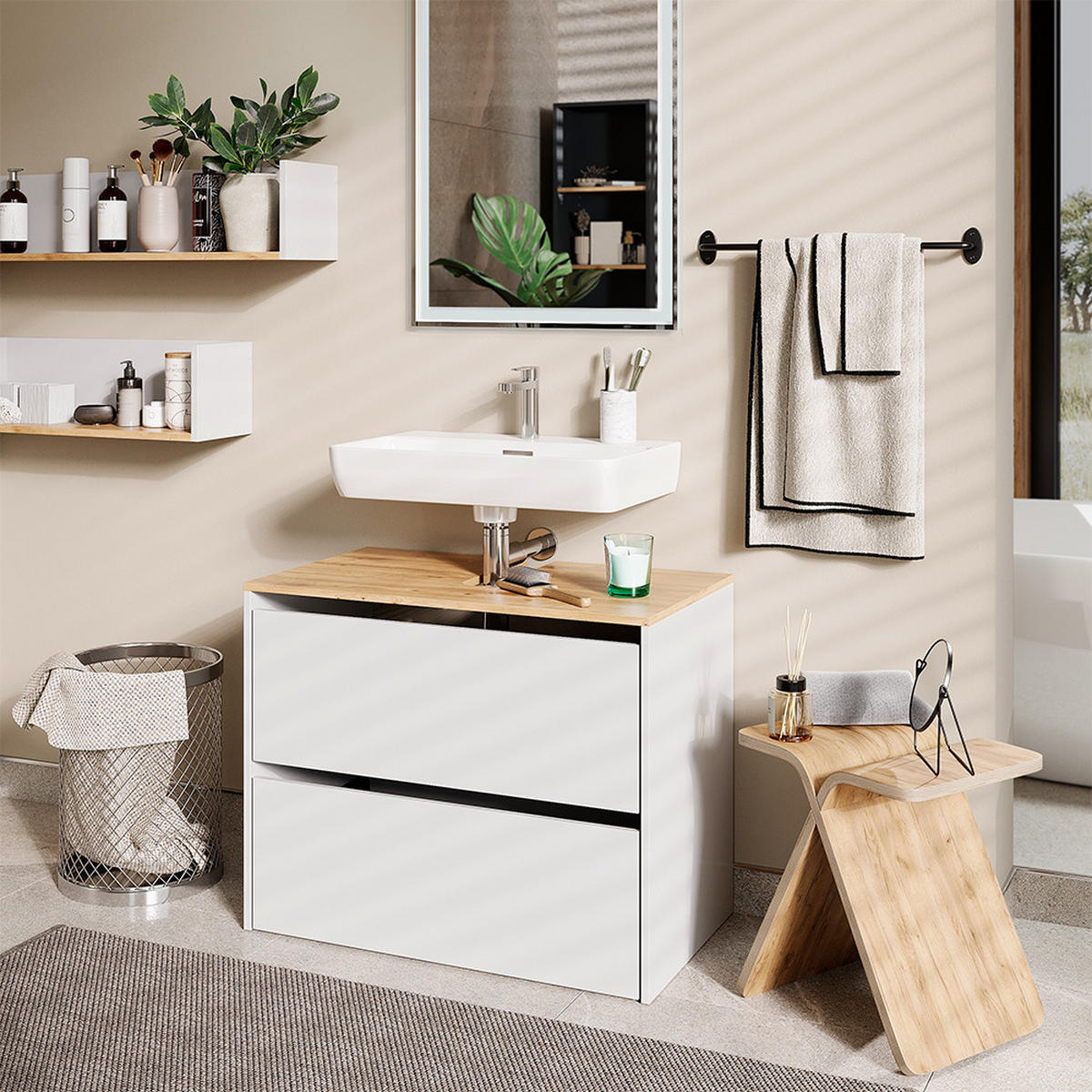 WASCHBECKENUNTERSCHRANK Viktor Weiß/Artisan 80.2 x 65 cm mit 2 Schubladen - Hellgrau/Weiß, Holzwerkstoff (80.2/65/45.5cm) - Vicco