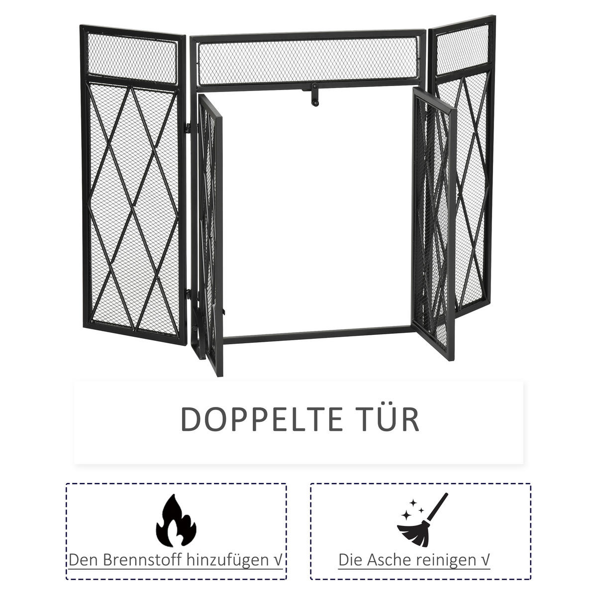 KAMINSCHIRM Schmiedeeisen dreiteilige Design Doppeltüren Metall Schwarz - Schwarz, Metall (79/79/120cm) - HOMCOM