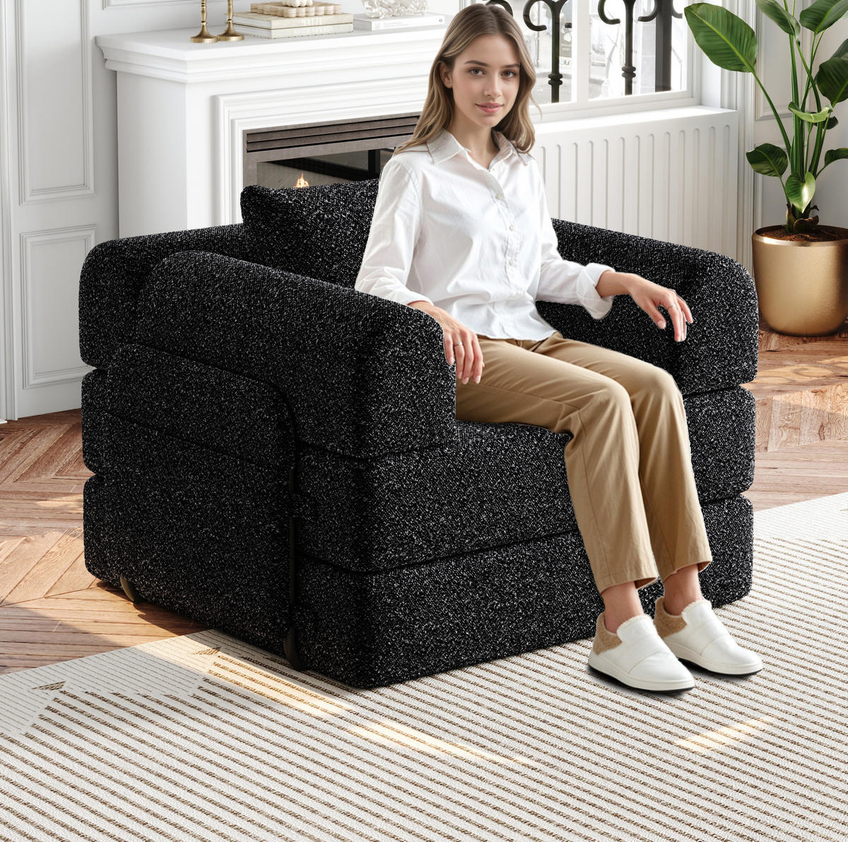 SCHLAFSOFA 2-in-1, Chenille mit Armlehnen-Stauraum & Stahlrahmen, 94/181,6/49,5 cm, Schwarz - Schwarz, Textil (94/49.5/181.6cm) - Redom