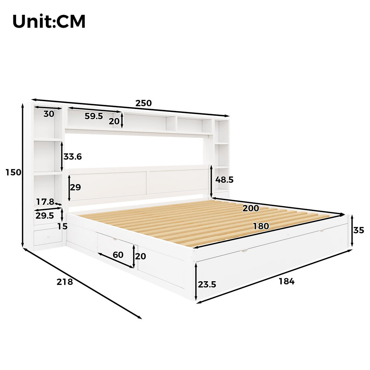 STAURAUMBETT 180 x 200 cm mit Kopf- und Fußteil, 7 Schubladen, Weiß - Weiß, Holz (180/200cm) - KOMHTOM