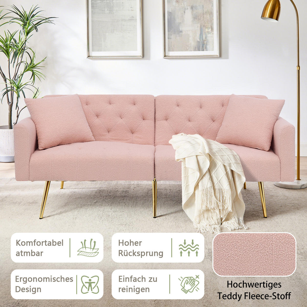 SCHLAFSOFA 177/78/74 cm in Pink Teddyfell mit Aufbewahrungstasche - Rosa, Textil (177/74/78cm) - Oxeza