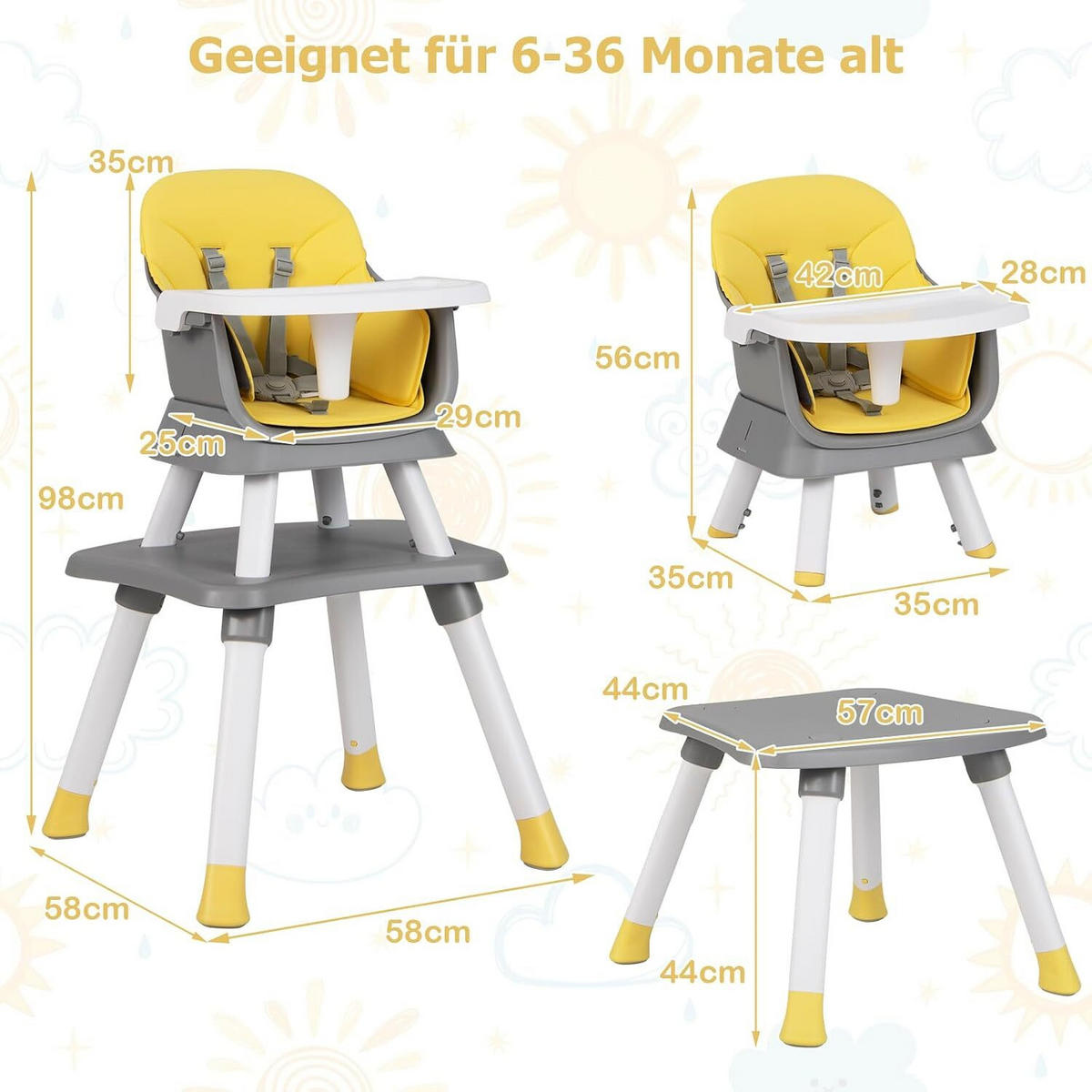 KINDERHOCHSTUHL mit Sicherheitsgurt & abnehmbarem Trichter gelb - Gelb, Kunststoff (58/98/58cm) - COSTWAY
