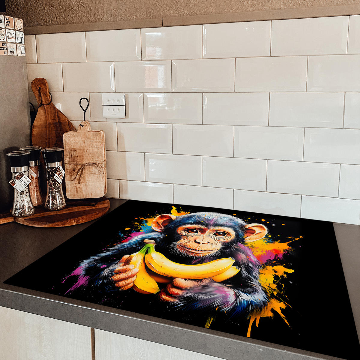 HERDABDECKPLATTE Affe - Graffiti - Farbenfroh - Bananen - Modern 77x59 cm - Gelb, Kunststoff (77/59/0.2cm) - MuchoWow