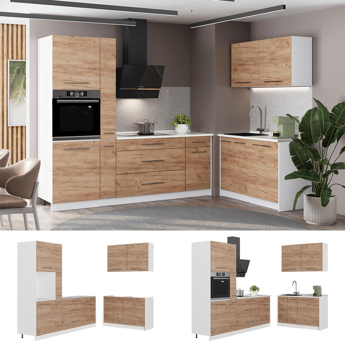 KUCHYŇA Fame-Line, Dub Goldkraft/biely, 220 x 120 cm, AP Antracit - biela/dub medový, kompozitné drevo (220/206.8/60cm) - Vicco