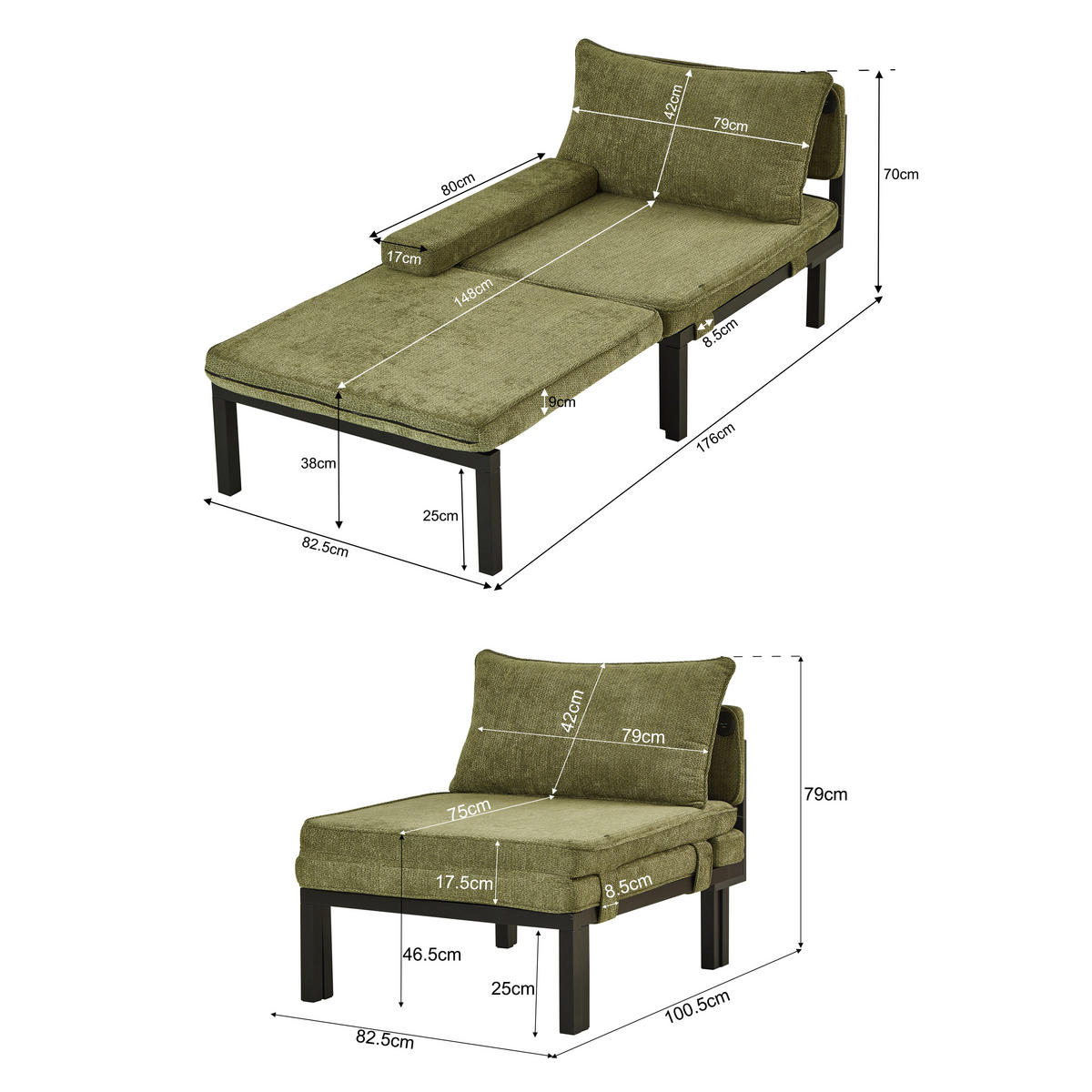 SCHLAFSOFA DE-35087 mit USB-Ladeanschluss Grün - Grün, Holz (82/79/176cm) - ComfortXL