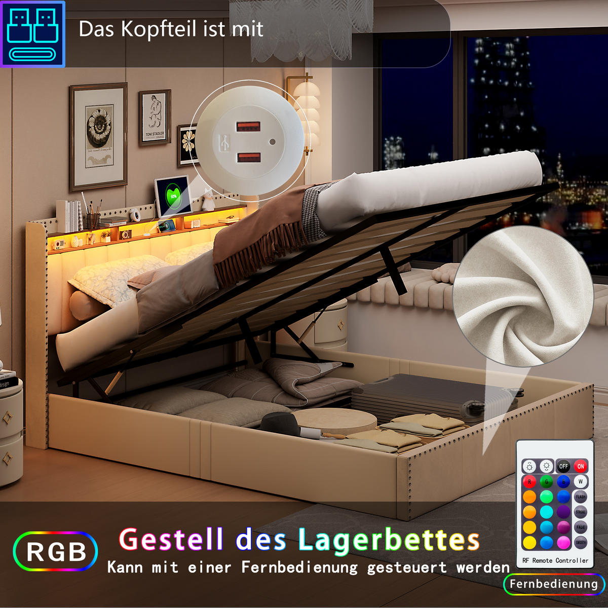 POLSTERBETT 140x200 cm in Beige mit Bettkasten & LED, Samt - Beige, Holz/Metall (140/200cm) - PARAFTA HOME