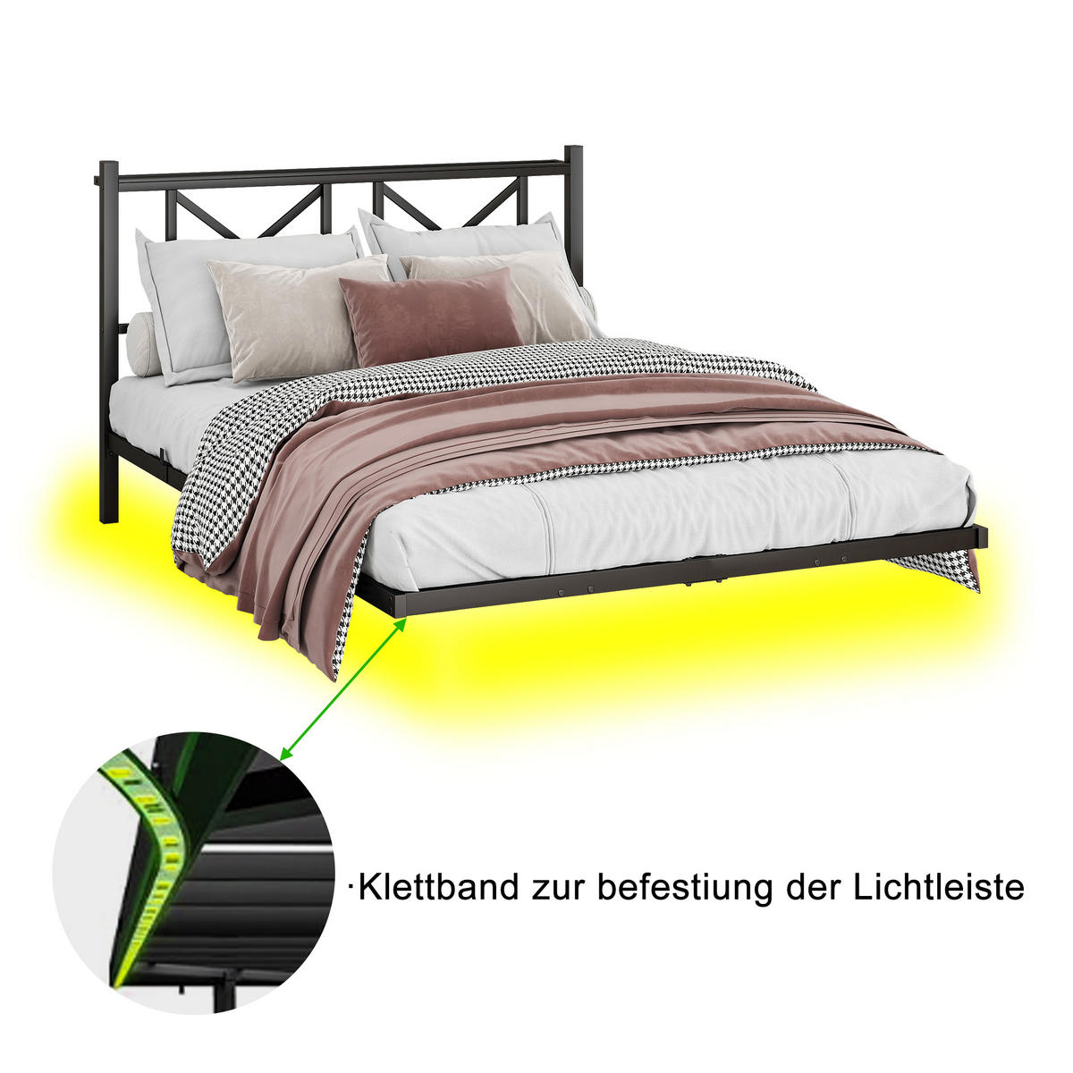 METALLBETT 140x200 cm LED USB Kopfteil - Schwarz, Metall (140/200cm) - LEBENLANG