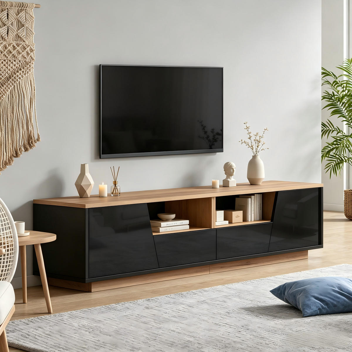 TV-ELEMENT180X40X46CM für 75-Zoll-Fernseher LED-Beleuchtung Schwarz-Holz - Schwarz, Holz (47.5/23.98/64.8cm) - Raelunyi