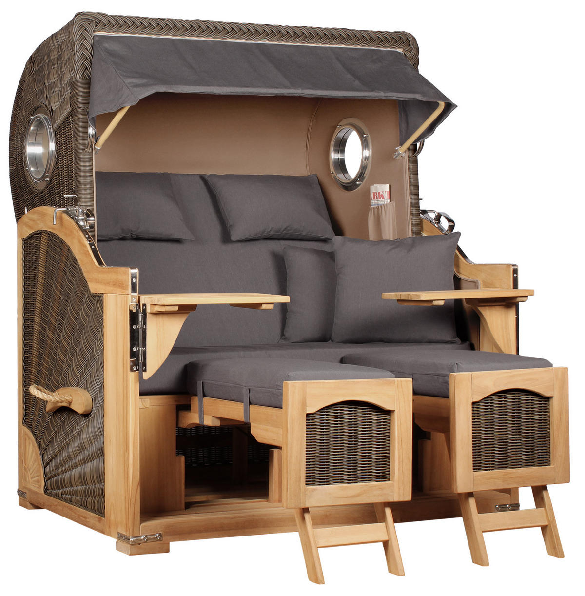 STRANDKORB Düne Grande Bullauge Teak PE Grey Dessin 551 - Braun/Grau, Metall (142/170/95cm) - Mr. Deko