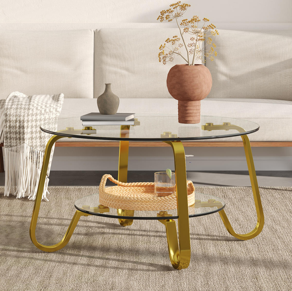COUCHTISCH 80/80/45 cm mit 2 Glasablagen und Metallgestell in Goldoptik, Gold - Goldfarben, Metall (80/80/45cm) - Redom