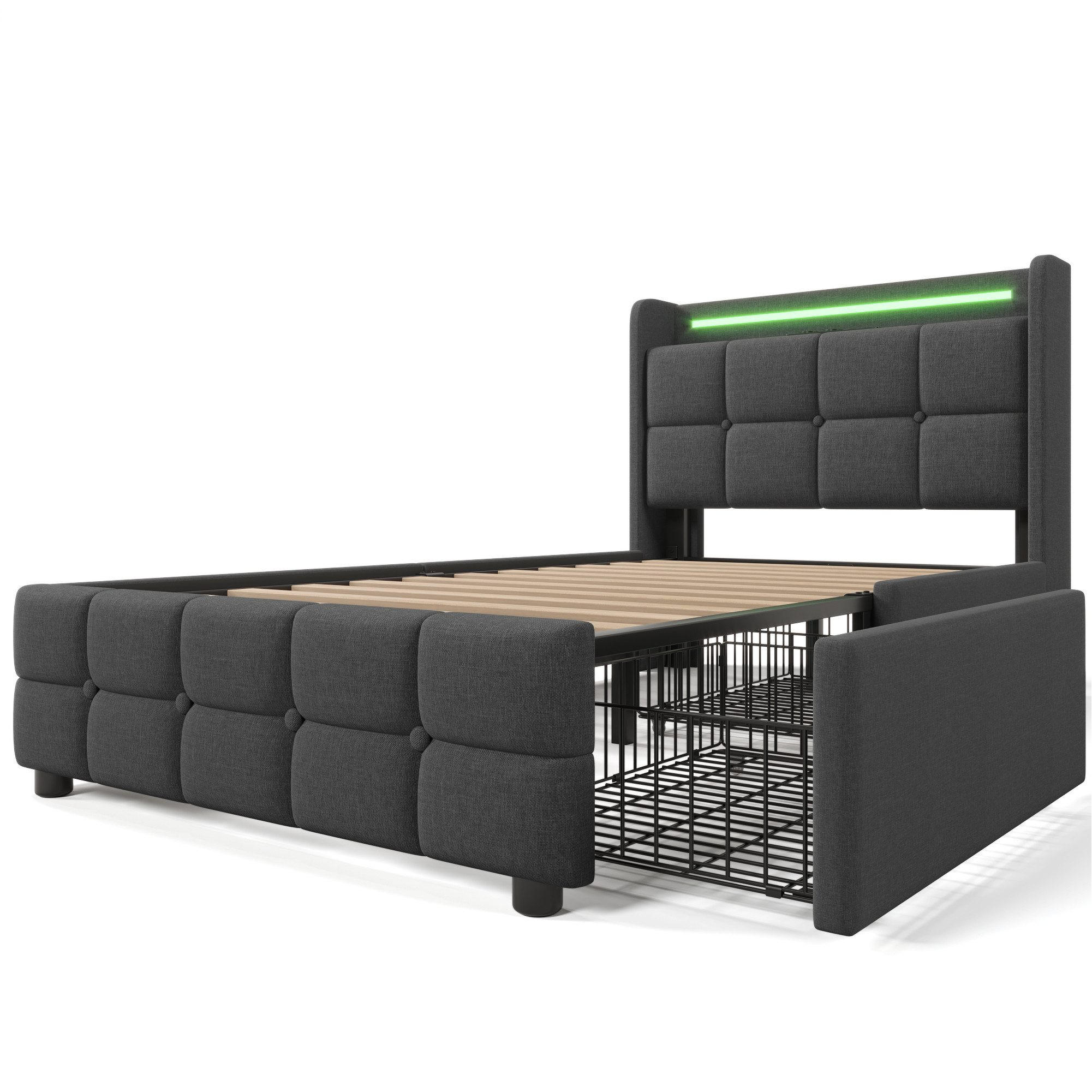 POLSTERBETT mit USB-Ladefunktion, Kopfteil und LED-Beleuchtung - Grau, Textil (90/200cm)