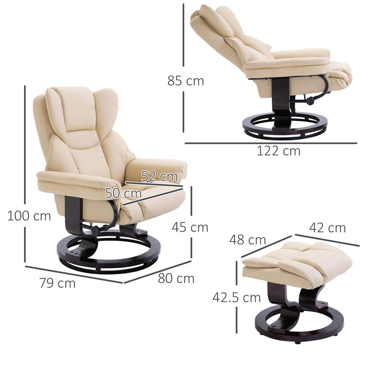 RELAXSESSEL-SET mit Hocker Kunstleder 360° drehbar, 145° neigbar 80/79/100 cm Creme - Creme, Holz (79/100/80cm) - Redom
