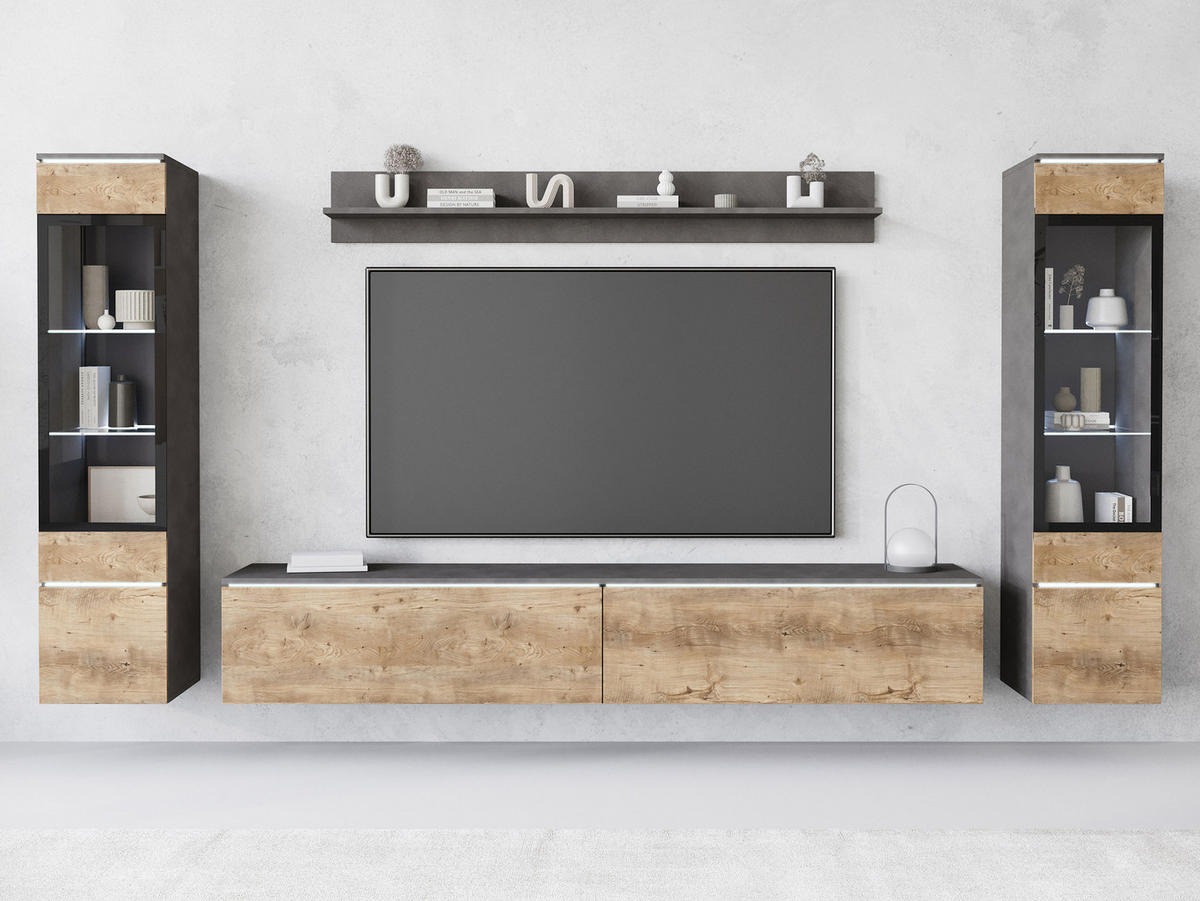 WOHNWAND Vera II mit weißer LED Beleuchtung - Braun/Grau, Holzwerkstoff (30/130/33cm) - MIRJAN24