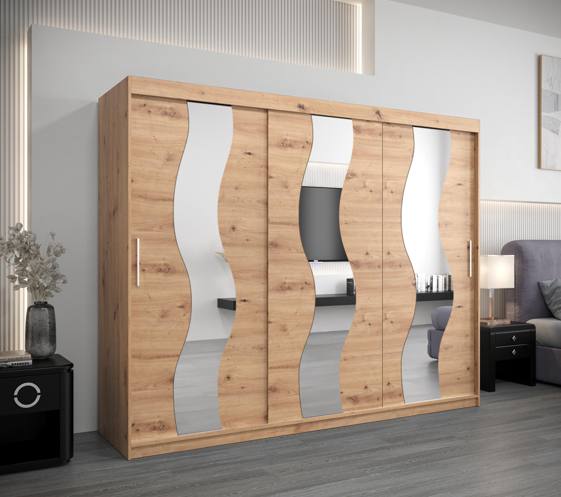 SCHWEBETÜRENSCHRANK 200/250/62 3-türig - Silberfarben/Eiche Artisan, Holz/Kunststoff (250/200/62cm) - MÖBEL KRYSPOL