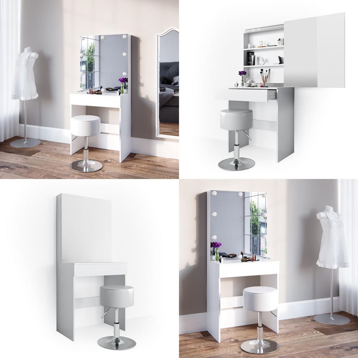 SCHMINKTISCH Melle Weiß 68 cm mit Hocker - Weiß, Holzwerkstoff (68/155/42cm) - Vicco