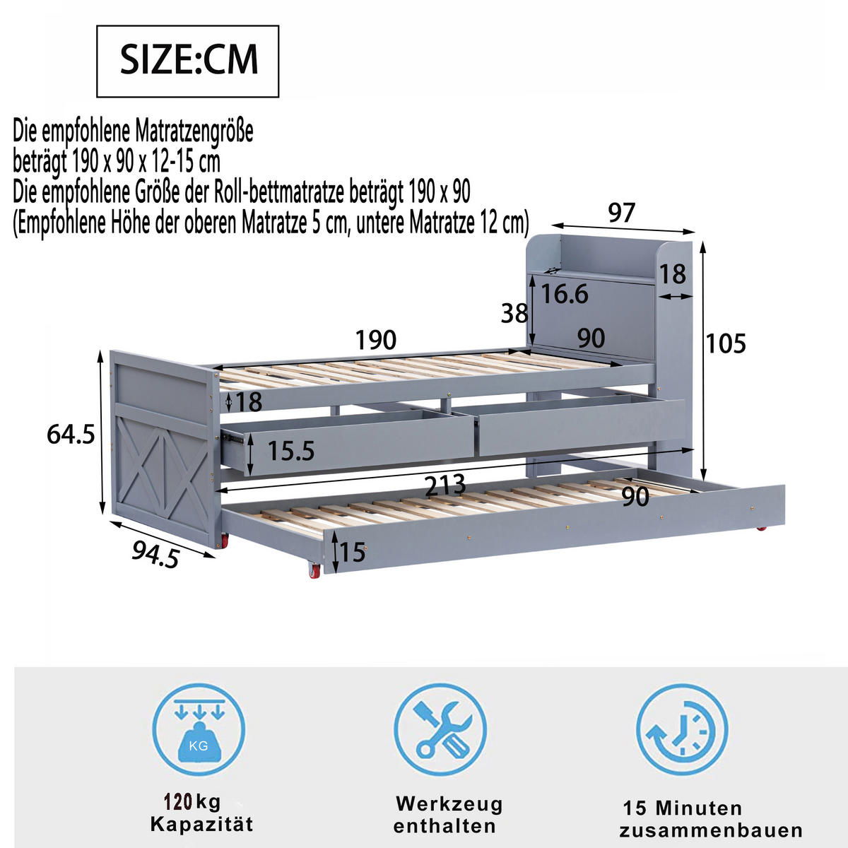EINZELBETT 90x190 Kiefer Massivholz Schublade USB Grau - Grau, Holzwerkstoff - FLIEKS