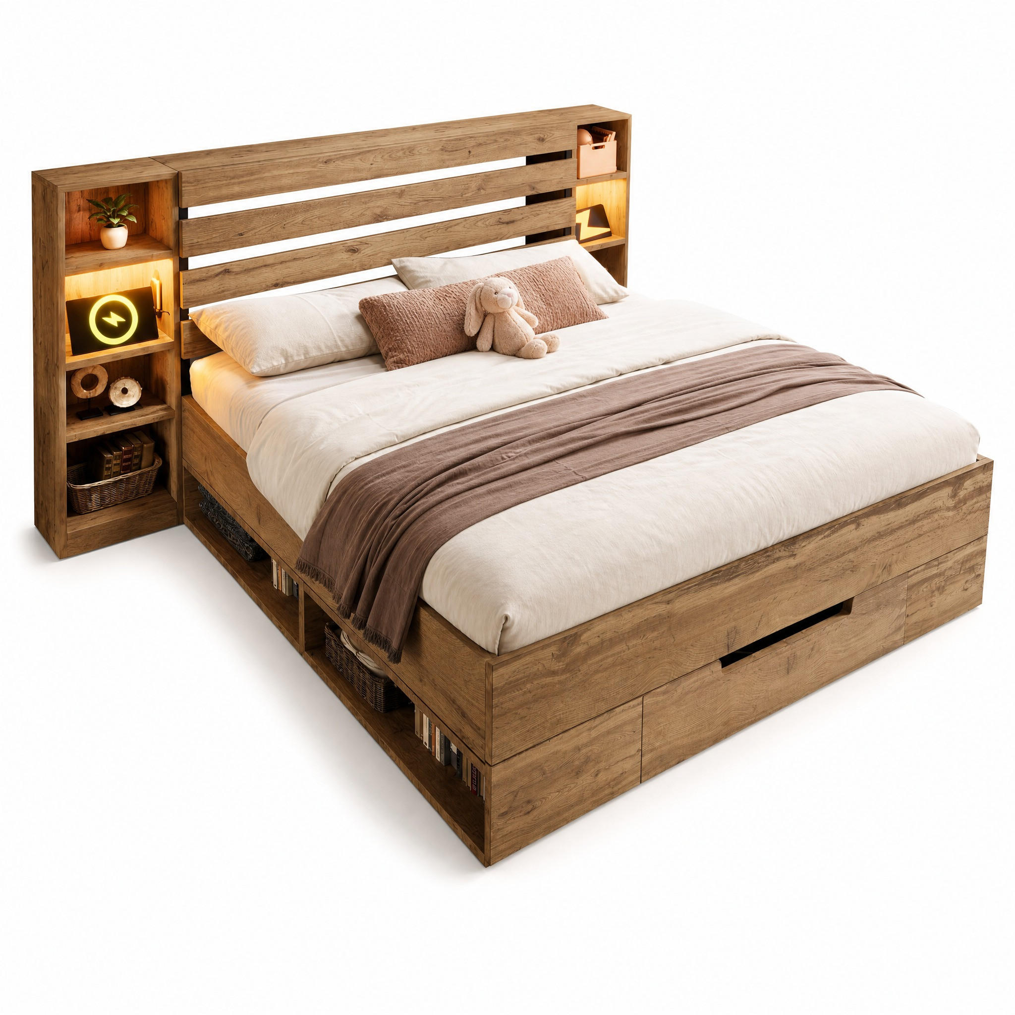 BETT 160/200 mit LED, Schubladen und USB Type-C in Eiche - Eichefarben, Holzwerkstoff/Metall (160/200cm) - EVRYAE