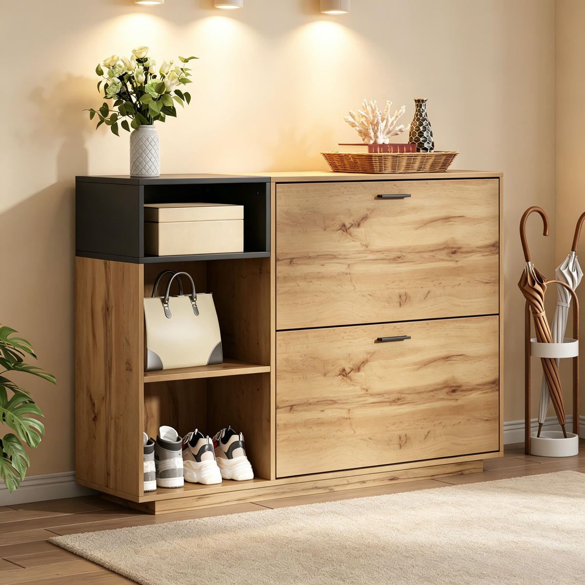 SCHUHSCHRANK Naturholzfarbe und Schwarz 120/32/84,5 cm - Naturfarben, Holzwerkstoff (120/84.5/32cm) - PANGIVO
