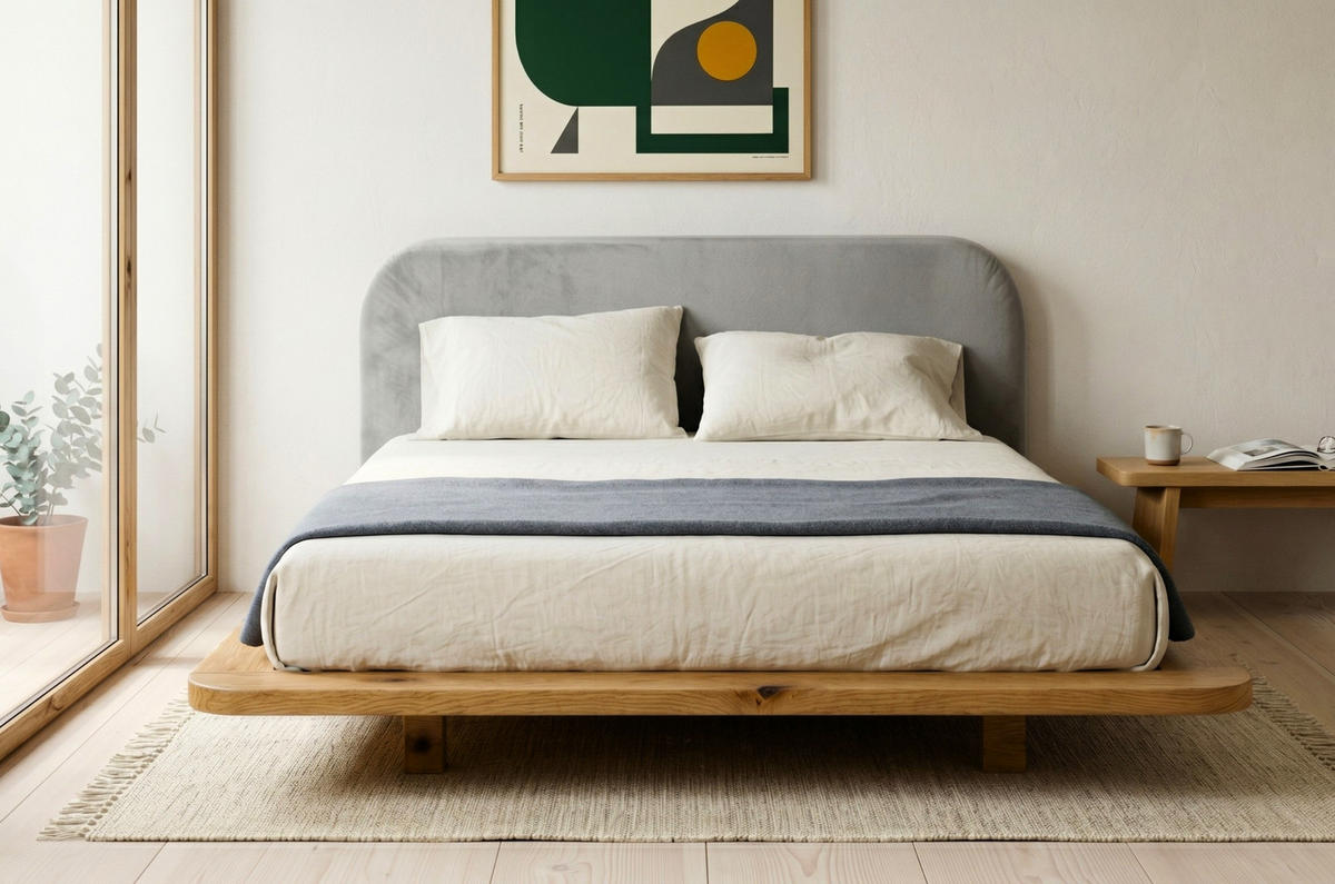MASSIVHOLZBETT Eyko BORA, 140/200, Wildeiche - lackiert, Samt-Kopfteil Grau - Eichefarben/Grau, Holz/Textil (140/200cm)