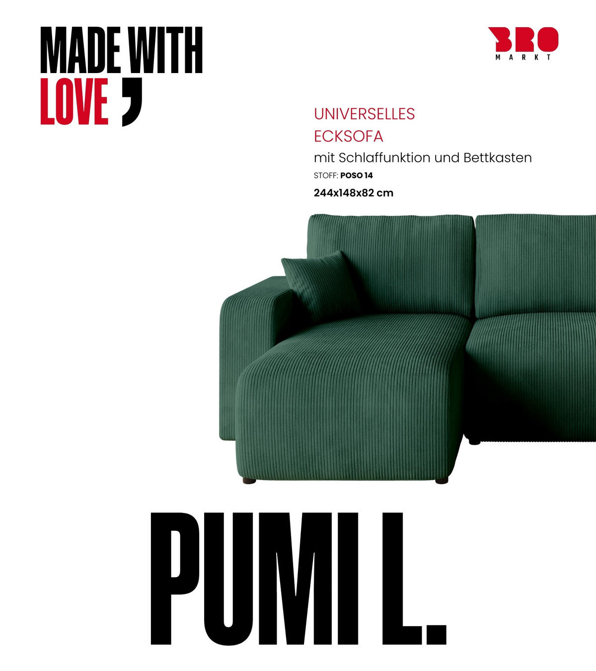 ECKSOFA PUMI mit Schlaffunktion Dunkelgrün Cord - Dunkelgrün, Textil (244/148cm) - Bromarkt