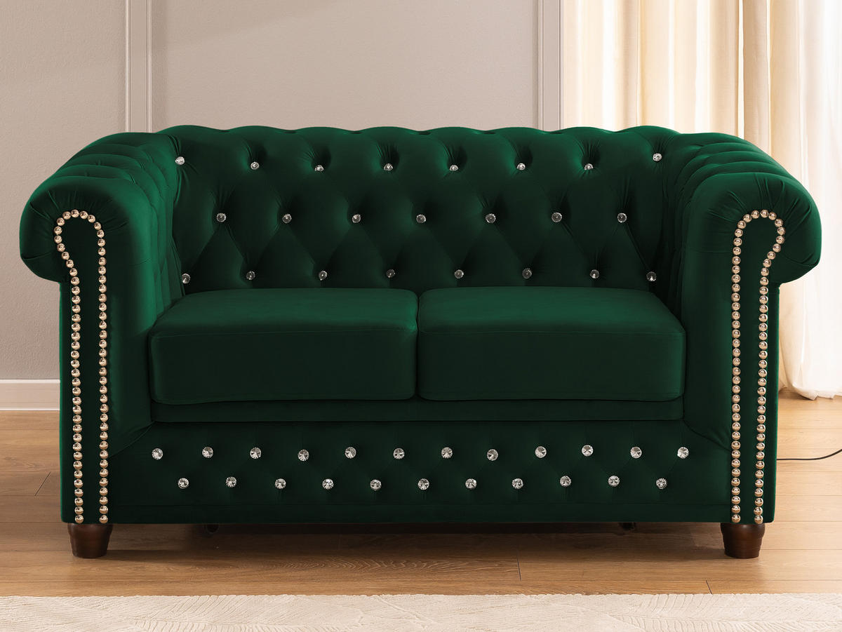 CHESTERFIELD-SOFA 2-Sitzer mit Schlaffunktion Cleo Blink Flasche Grün Samt mit Kristallsteppung und braunen Massivholzfüßen - Braun/Grün, Holz/Textil (148/72/86cm) - S-Style Möbel