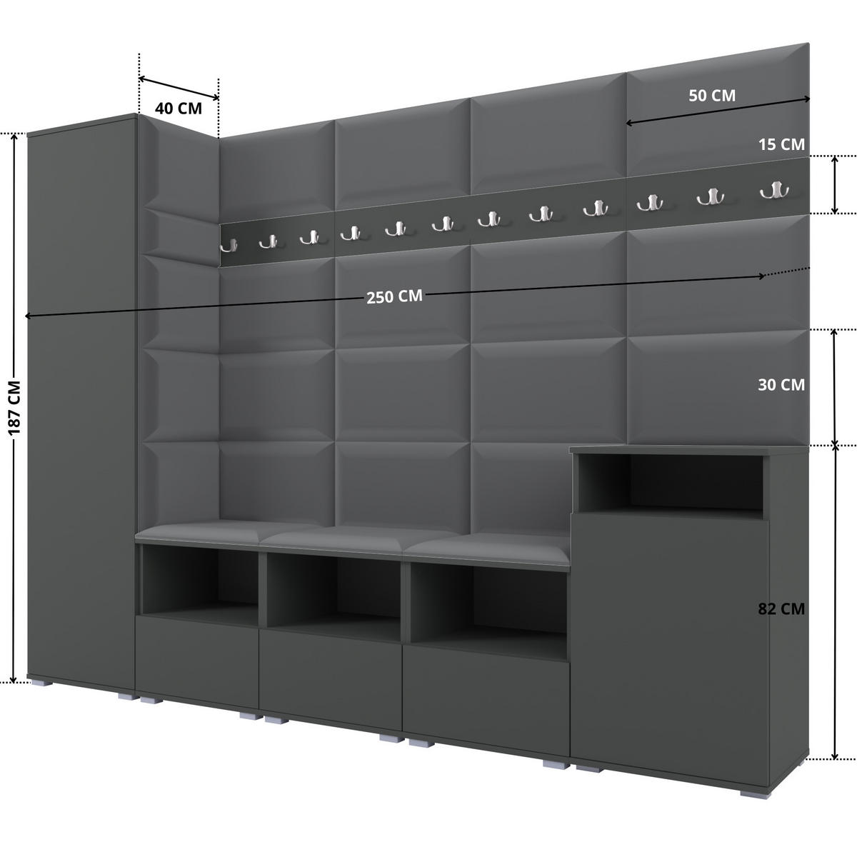 GARDEROBE NELA XI 250 cm (Modulare Flurmöbel Graphit mit Sitzpolster Dunkelgrau 15 Großes Set) - Dunkelgrau/Silberfarben, Holz/Holzwerkstoff (250/187/40cm) - Ravio