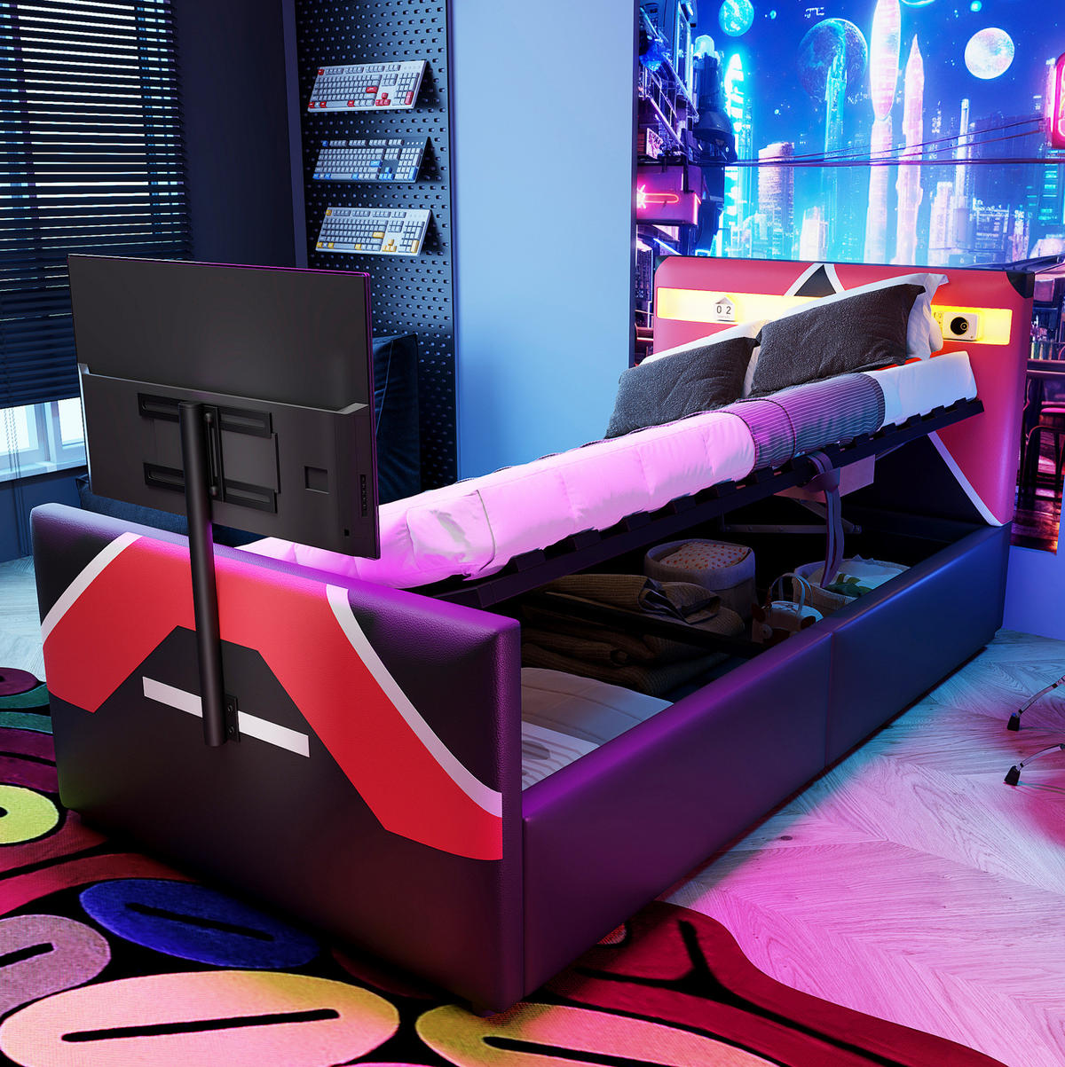 KINDEREINZELBETTEN aus Kunstleder 90x200 cm in Schwarz mit LED & TV-Halterung - Schwarz, Leder (90/200cm) - Modfu