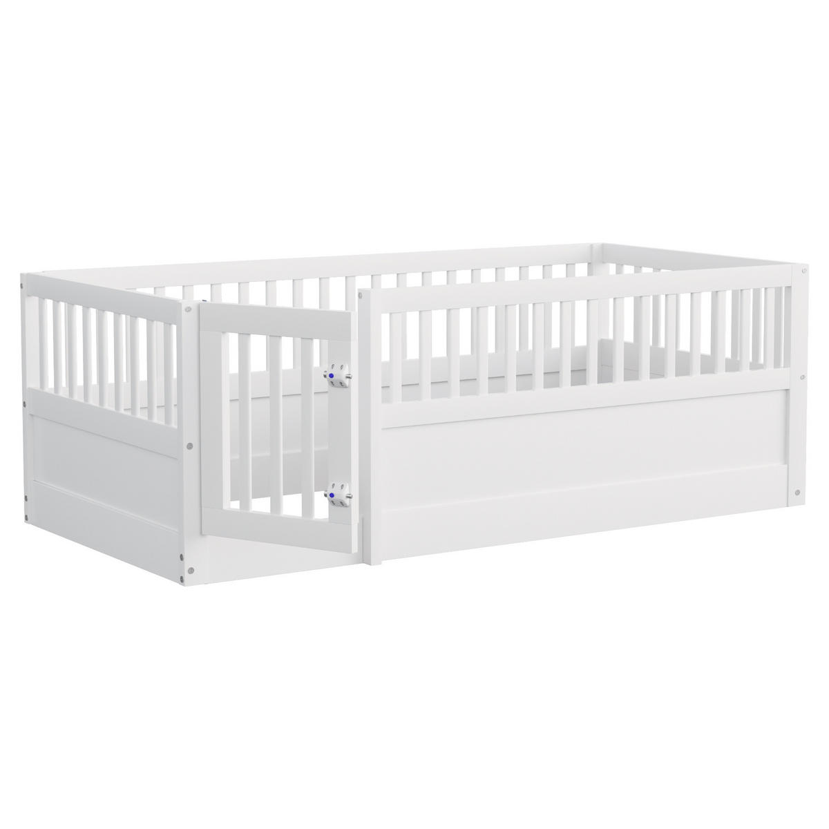 KINDEREINZELBETTEN aus Massivholz 90 x 200 cm in Weiß mit Zaun und Tür - Weiß, Holz (90/200cm) - Modfu