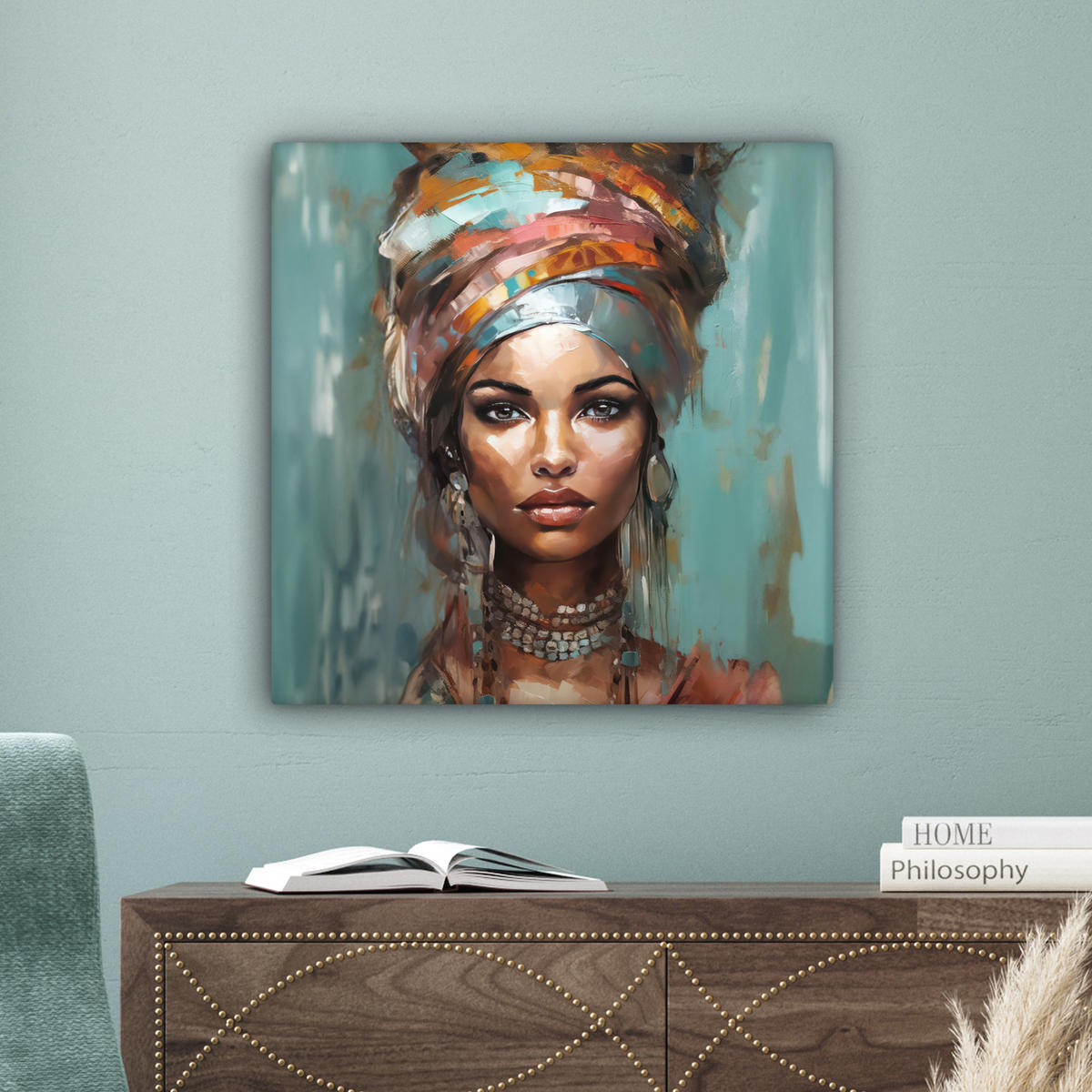 LEINWANDBILD Frau - Kunst - Schmuck - Porträt 50x50 cm - Blaugrau, Textil (50/50cm) - MuchoWow