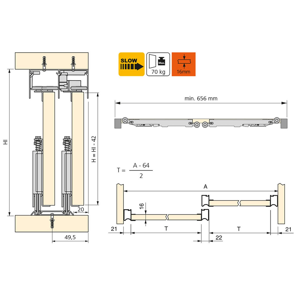 HARDWARE SET für Placard 81 2-Schiebe-Kleiderschrank mit sanftem Schliessen, Wave-Profil, Stärke 16mm, Paneele nicht inbegriffen, Matt eloxiert - Dunkelgrau, Metall (8/6/235cm) - EMUCA