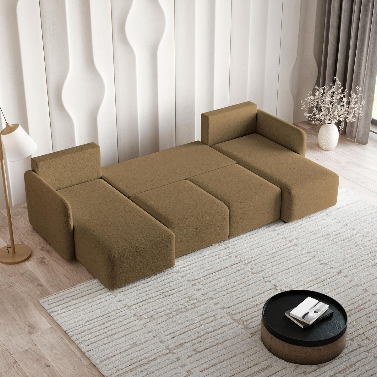 WOHNLANDSCHAFT NUBERO Orange Boucle-Stoff mit Schlaffunktion - Orange, Holz (285/85/143cm) - MASSENO