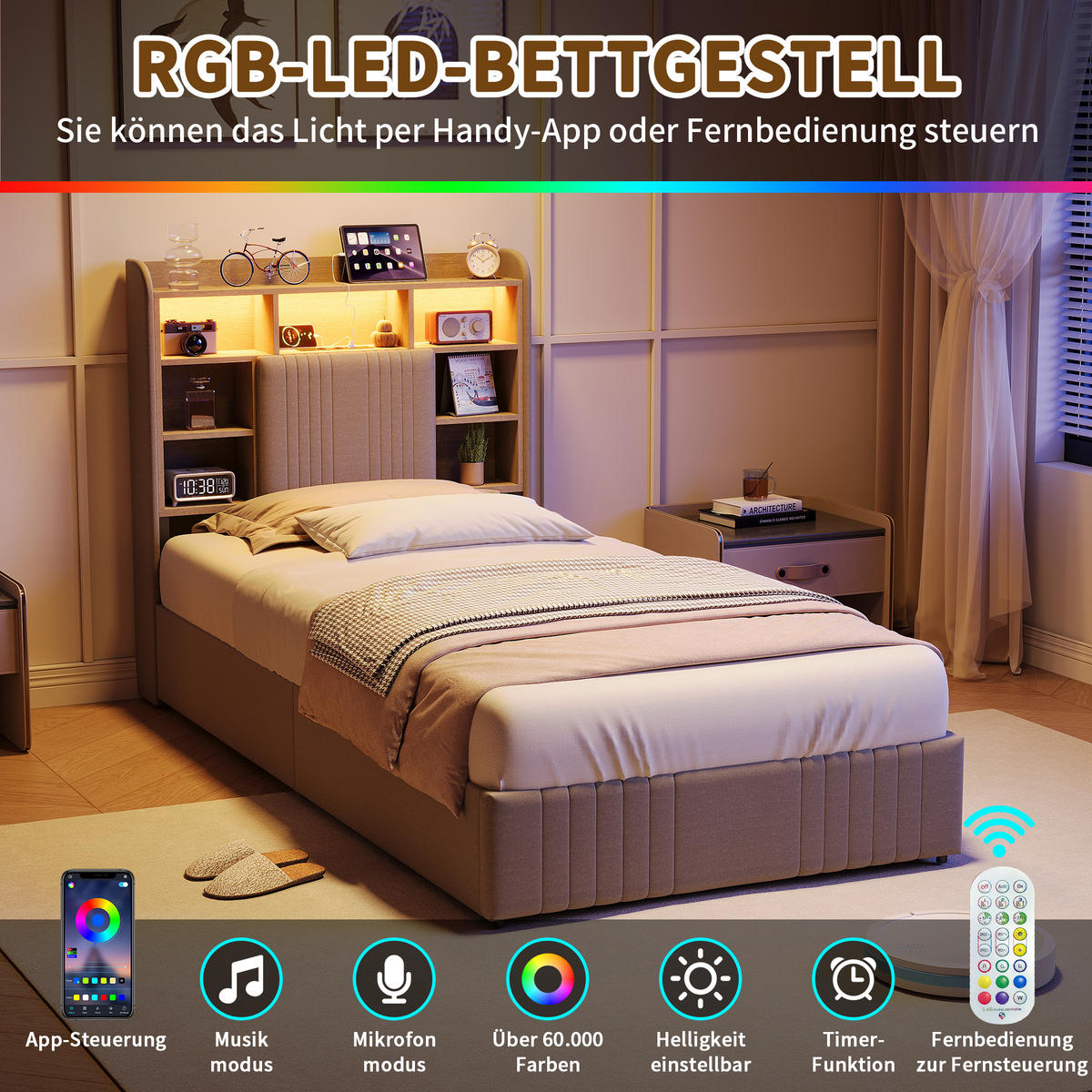 POLSTERBETT 90/200 cm Beige mit 2 Schubladen, LED-Kopfteil mit Ablage und USB - Beige, Metall (90/200cm) - EuroLiving