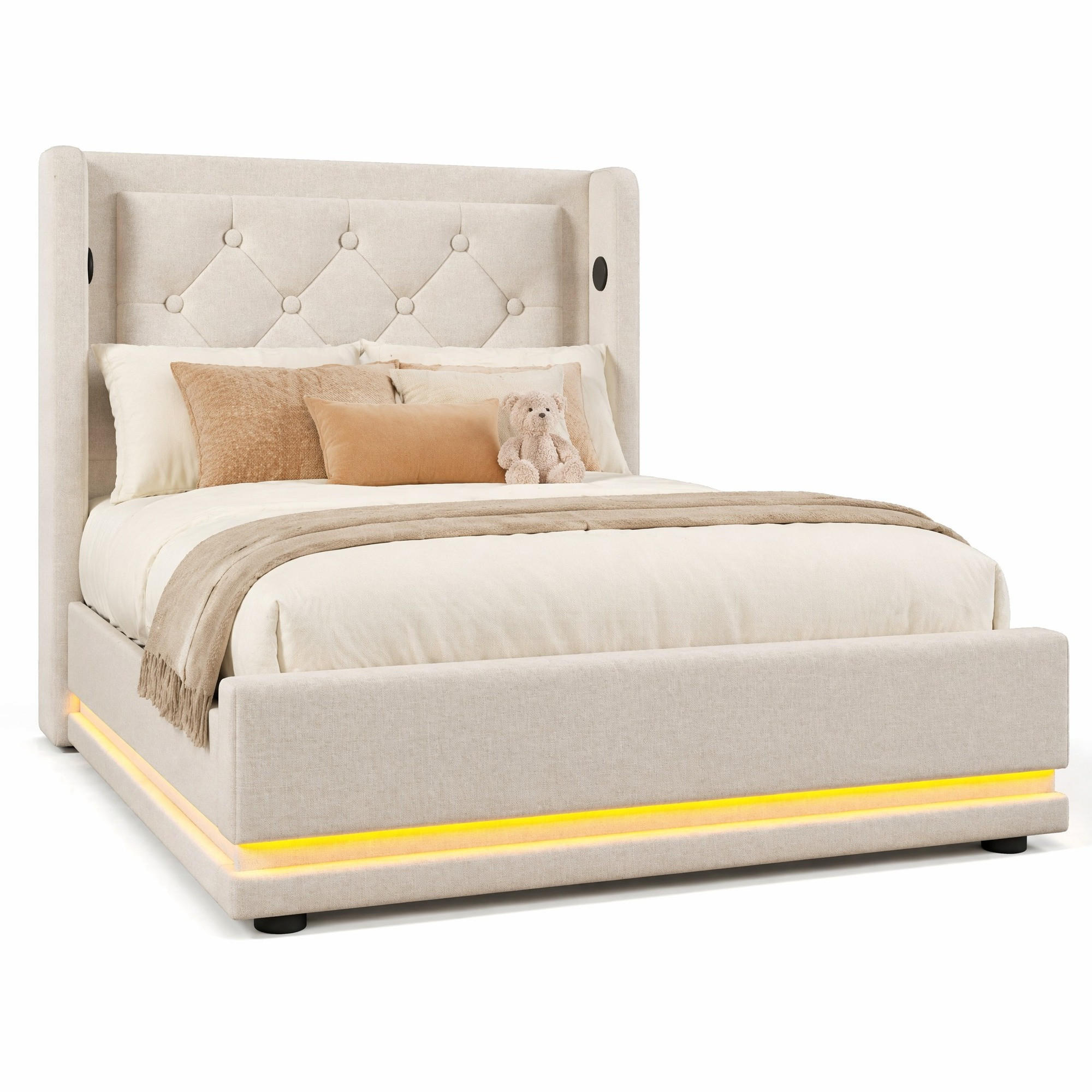 ČALOUNĚNÁ POSTEL 90/200 cm v béžové barvě s úložným prostorem, LED a USB-C - béžová, kov/kompozitní dřevo (90/200cm) - CHICFURN