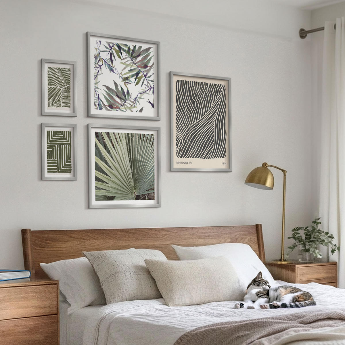 WANDBILDER 5er Set - 50x50 cm & 20x30 cm & 40x60 cm Silberner Rahmen - Formmuster in Grün - Silberfarben, Kunststoff (40/60cm) - ArtPrintCave