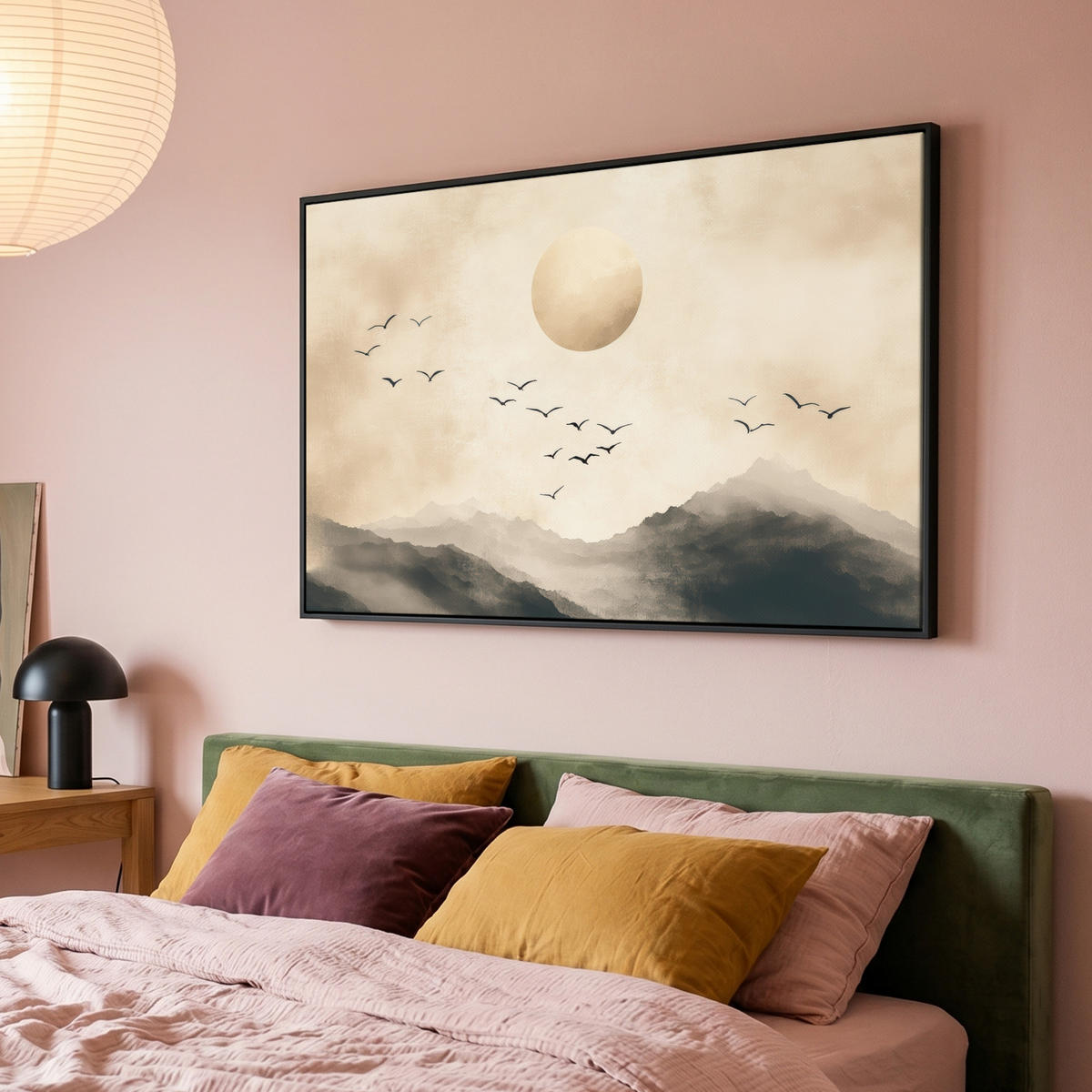 LEINWAND Bilder mit Rahmen - Landschaft - Japandi - Vogel - 140x90 - Beige, Textil (140/90cm) - MuchoWow