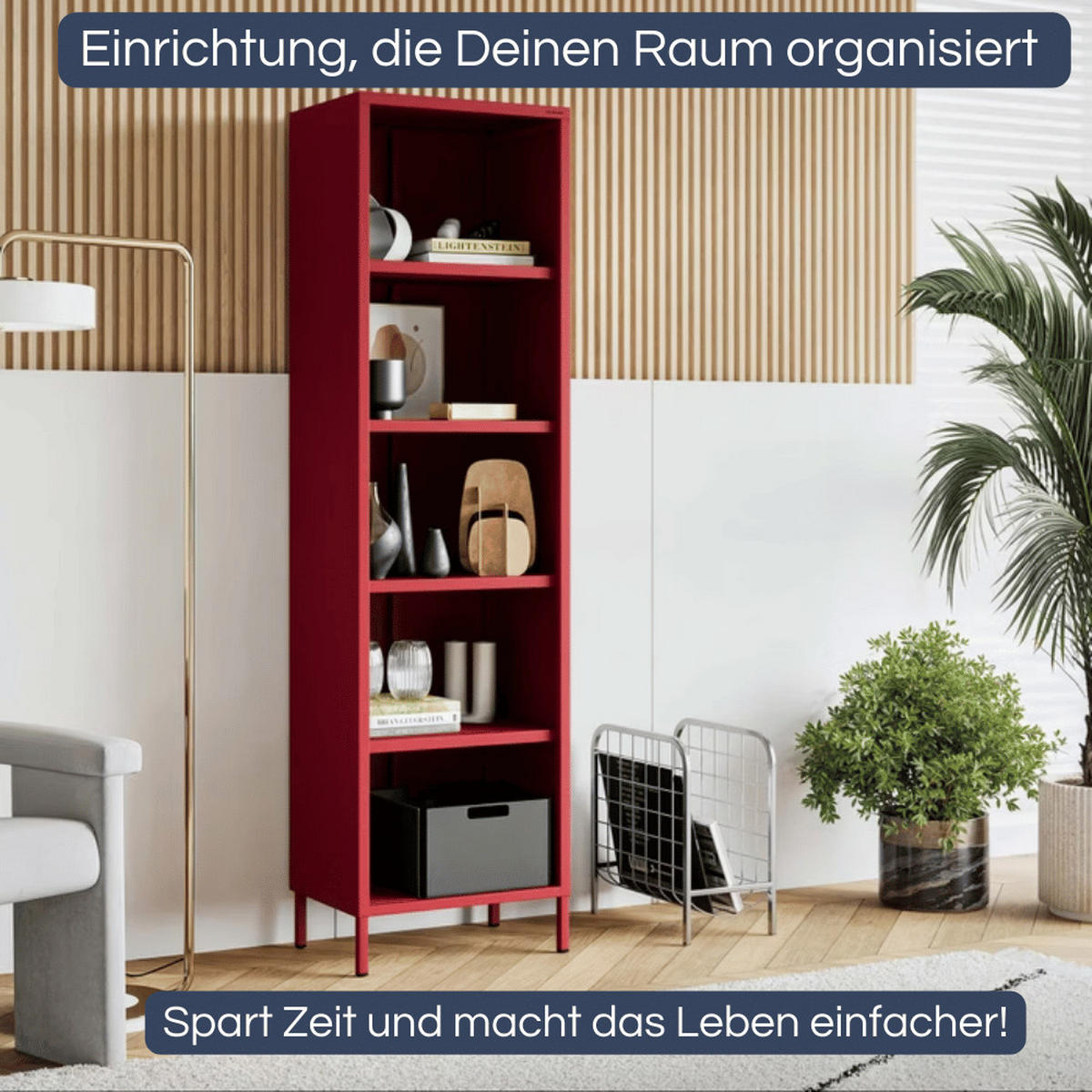 BÜCHERREGAL Metall CLIEN 5 Ebenen 180x50x35cm Rot - Rot, Metall (50/180/35cm) - DELUKE